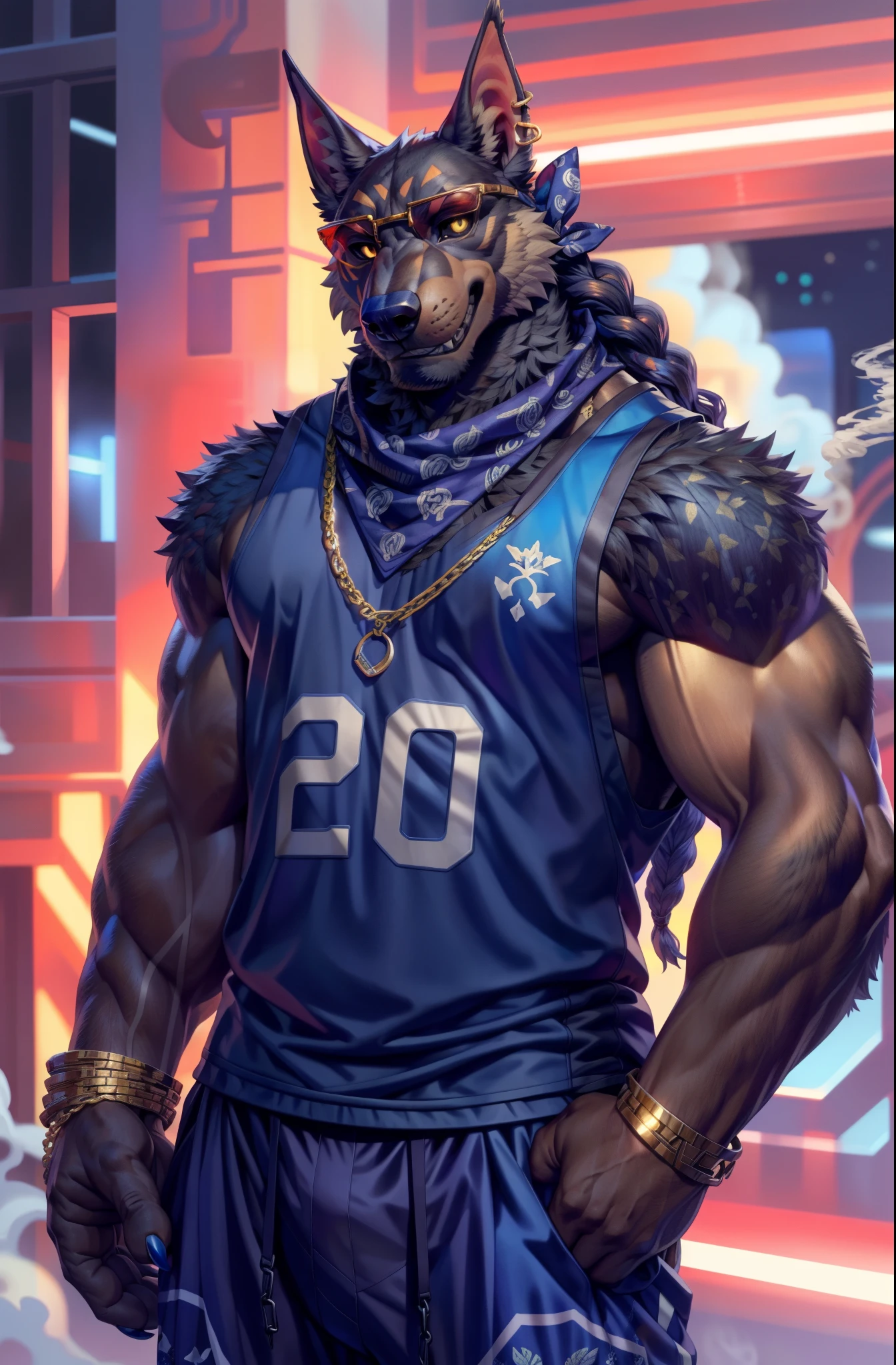 solo,anthro,furry,furry male, Doberman,((fluffy fur, fluffy, furry body)), (Doberman print),braided hair, braids, long hair pointy ears, Black body, black fur, (yellow glowing eyes, black sclera), sunglasses, small tail, detailed fluffy fur,detailed face, detailed eyes, beige chest, beige abs, black arms, (blunt, ((weed1.3)), sunglasses, ((dark blue bandana pattern:1.2), Blue jersey, basketball jersey)), sleeveless, (gold chain:1.2), sweatpants, blue sweatpants,full body, claws, cyberpunk, ((club)), lights, gold Chains, big chain necklace, gold ring, gold earring, jewelry, small earring, (by null-ghost,by raccoon21, masterpiece, high quality,hi-res,8k hd), standing,close-view portrait, looking at viewer, night, indoor, menacing, teeth, cigar, calm expression, (smoke:1.2), beige eyebrows,