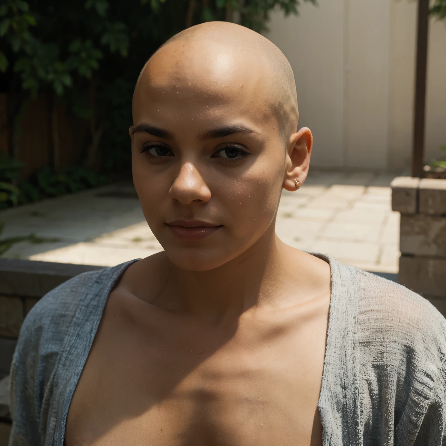 bald brunette girl without hair 70 years old Latina native of Venezuela neighborhood background beach background