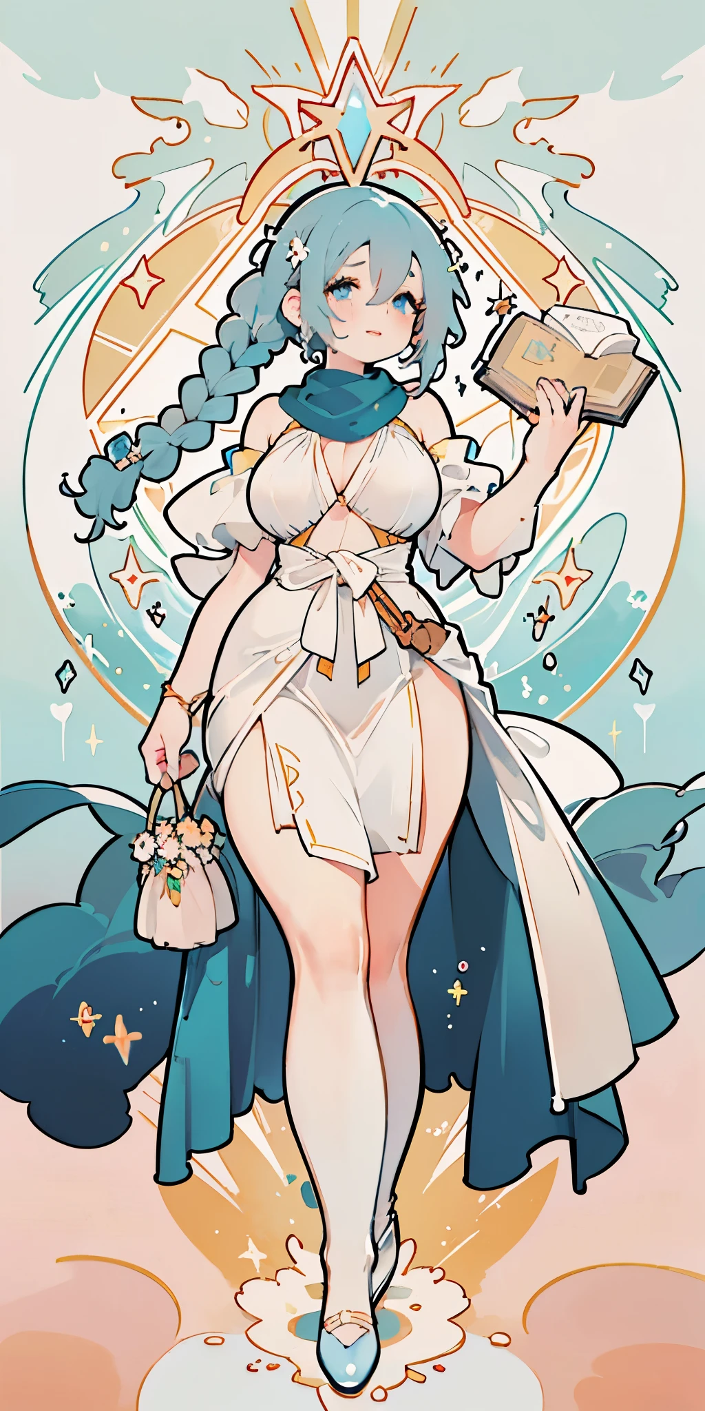 (((dark blue hair))), Pigtails, Glasses, absurdres, highres, ultra detailed, beautiful, masterpiece, best quality, (1girl:1.2), Medieval, tarot, bard, bare shoulders, cane, sword, shield, crystal, Gather Dresses, coat four, ((Lightweight clothes, sunscreen, comfortable shoes, headscarf)), symbolism, Visual art, occult, universal, vision casting, philosophy, iconography, numerology, Popularity, art, Alphonse Mucha, perfect hands, perfect feet, (fullbody), myth, goddess, fold your hands in front of your chest, ((ultra-detailed face), (cute eyes), (((thicc))), Hair color gradient, accurate focus, (upturned eyes :1.5), long hair, yellow eyes, Beautiful Girls in Anime , ((purse your lips, Throw kiss, flirty smile)), (shiny body:1.8)、big breasts、full of embarrassment、(Ahegao:1.5), old book