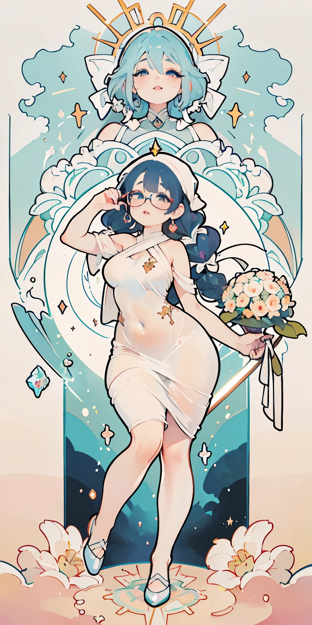 (((dark blue hair))), Pigtails, Glasses, absurdres, highres, ultra detailed, beautiful, masterpiece, best quality, (1girl:1.2), Medieval, tarot, bard, bare shoulders, cane, sword, shield, crystal, Gather Dresses, coat four, ((Lightweight clothes, sunscreen, comfortable shoes, headscarf)), symbolism, Visual art, occult, universal, vision casting, philosophy, iconography, numerology, Popularity, art, Alphonse Mucha, perfect hands, perfect feet, (fullbody), myth, goddess, fold your hands in front of your chest, ((ultra-detailed face), (cute eyes), (((thicc))), Hair color gradient, accurate focus, (upturned eyes :1.5), long hair, yellow eyes, Beautiful Girls in Anime , ((purse your lips, Throw kiss, flirty smile)), (shiny body:1.8)、big breasts、full of embarrassment、(Ahegao:1.5), old book