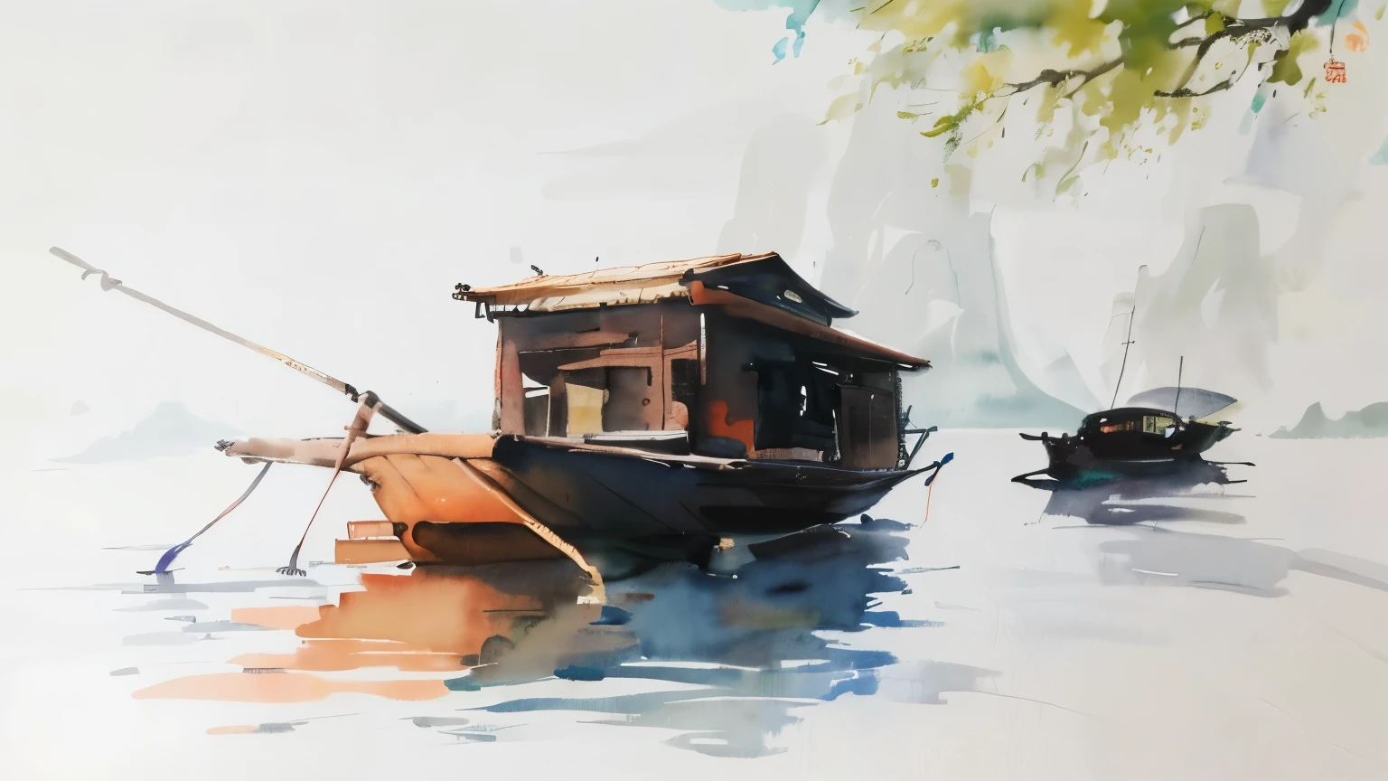 there is a boat that is sitting in the water, The background is mountains，Detailed watercolor painting, a watercolor painting, Watercolor on paper艺术, water painting, author：Huang Shen, Watercolor on paper, watercolor painting, by Luo Mu, by Li Zai, by Ye Xin, by Cui Zizhong, author：Wenjia, by Shen Shichong, 中國傳統watercolor painting