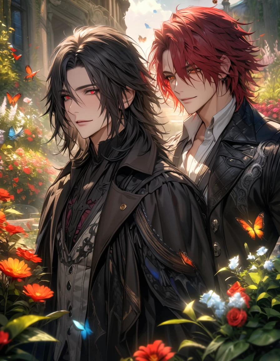 absurdres, highres, ultra detailed, HDR), masterpiece, best quality, vibrant golden eyes, Ardyn Izunia, red hair, black hat, Final fantasy xv, Requiem, black short messy hair, no bangs, vibrant red eyes, 2men together, gay, handsome, garden, flowers, butterflies