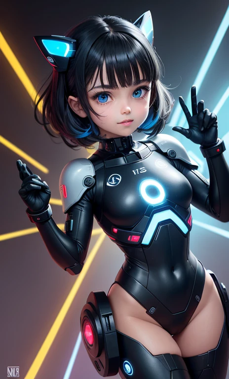 ultra realista idade 8 anos, 's bodies
black hair cybernetic blue eyes , smile shy , Cyborg Mecha Cannon Arms , luz no meio do peito, asas de energia azul semi-nua , mini-saia seifuku , mamilos , Cyborg body damaged visible circuits , making a sign of peace with your hands, tubos nos seios, cabos e fios conectadados ao peito , corpo , neon faixas azuis , sexy , fios coloridos conectadados ao peito , Connected to machines .