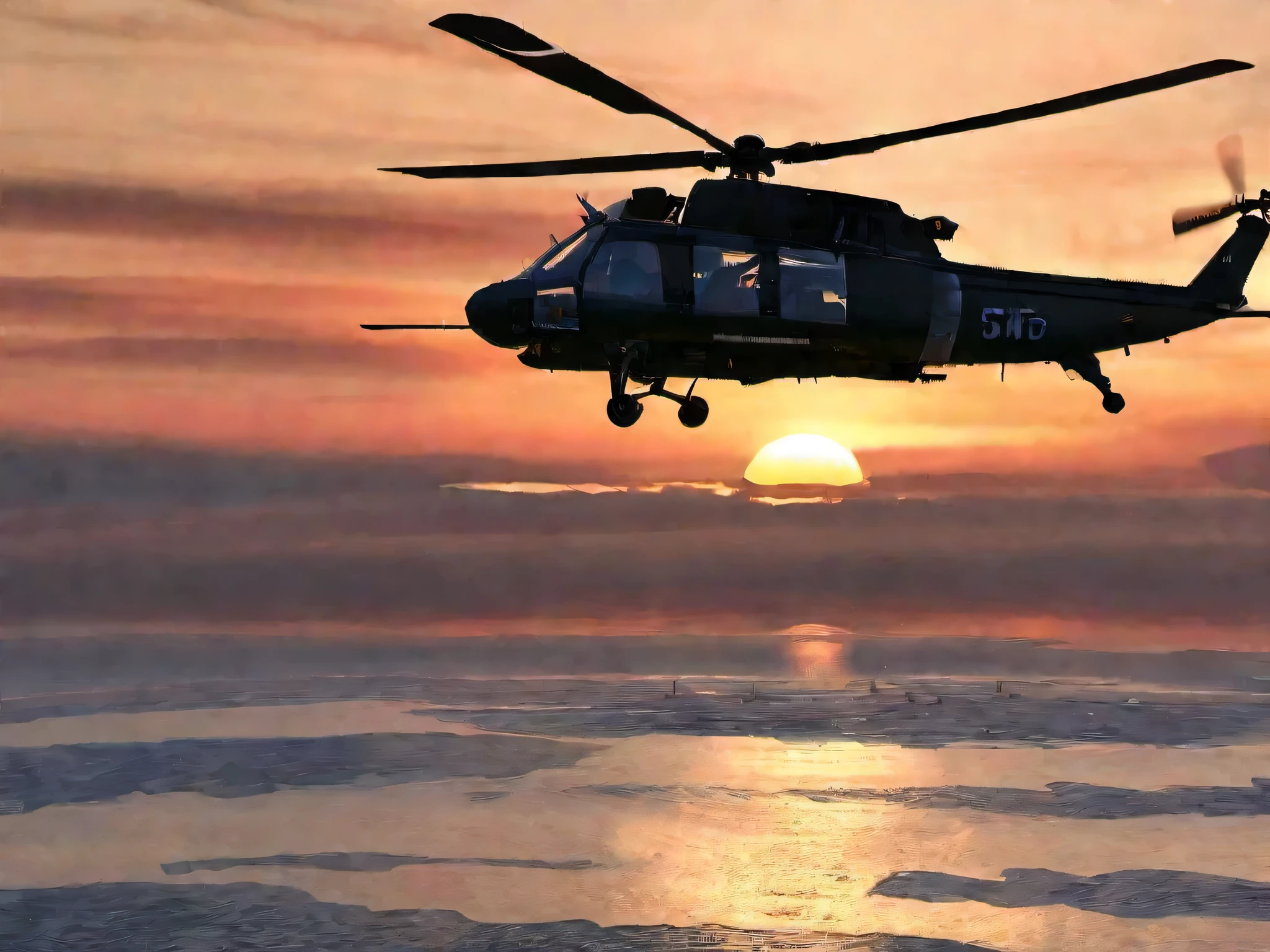 arafed helicopter flying over the ocean at sunset with clouds, digitally painted, by Juergen von Huendeberg, helicopters firing, by Jens Søndergaard, gunship, dcs world style, ssao 8 k, high quality screenshot, by Roman Bezpalkiv, bottom angle, profile shot, cgi rendering, high definition screenshot, close portrait
