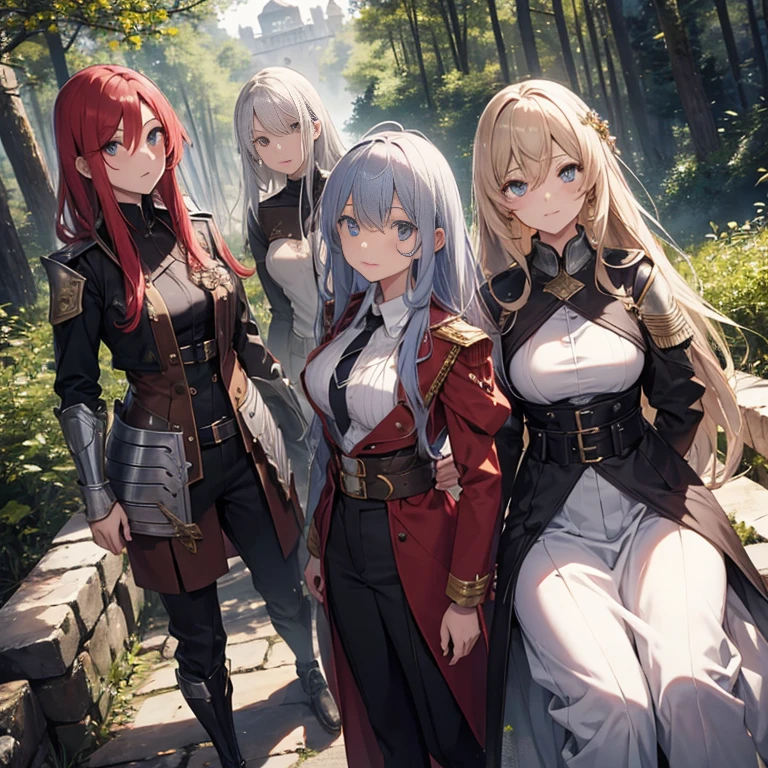 A group of female knights, (in forest), various hair styles, metal armor, harem, trousers, seducing, beautiful face