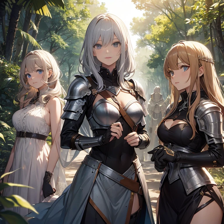 A group of  female knights, (in forest), various hair styles, metal armor, harem, trousers, seducing, beautiful face 