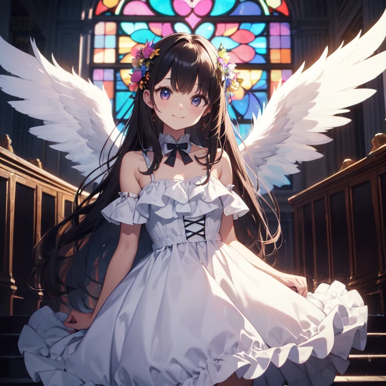 masterpiece、highest quality、8K、cute、Angel、smile、white dress、church、Stained glass、shining brightly