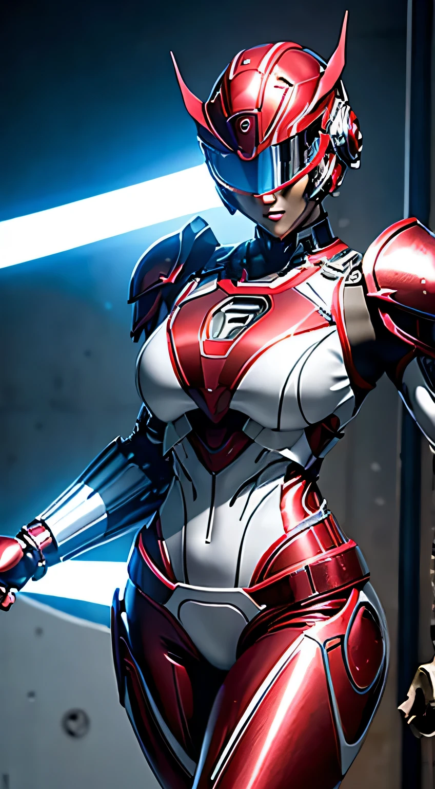 female robocop solo、bright outdoors、strong light source、8K, high quality, masterpiece, 最high quality、very detailed、Armor that completely covers the whole body、very large armor、Helmet covering the head、clear pictures、Eyes hidden by thin straight goggles:1.3、The lower half of the face is raw:1.5、The lower half of the face is exposed、luscious lips、Clear red and white metallic armor、Armor that completely covers the chest、thin and long legs、Vibrant posel body view,big and full breasts:1.5, (sports body:1.5)、five fingers、photos around town