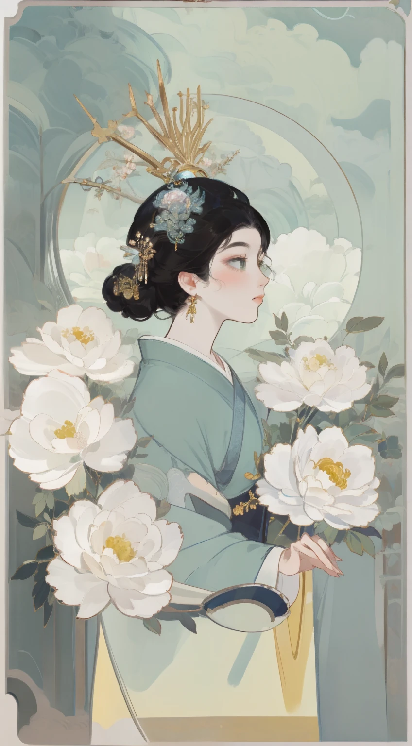 A white edelweiss in her hair，woman with a bottle in the background, A woman framed in a bottle，profile，black hair，The overall color is bright yellow and tender green，Korean Art Nouveau Animation, Oriental Art Nouveau, Alphonse Mucha and Rose Drews, anime art nouveau, Beautiful woman in art nouveau style, flower goddess, fly style 4k, Japanese art style, Beautiful digital illustrations, art deco flower shaman, art nouveau portrait, Chinese art style