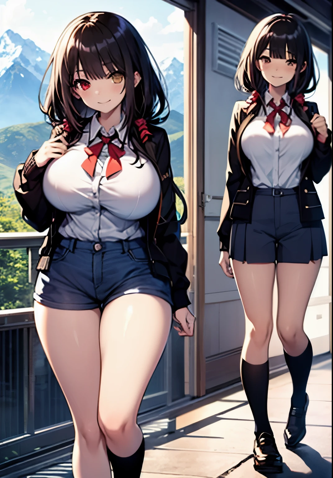 Masterpiece, high quality, ultra quality, best lighting, 1girl, ((tokisaki kurumi)), long hair, black hair, low twintails, monochrome, ((right red eye:1, left yellow eye:1)), black , ((black school uniform)), ((short pants)), ((big breast)), ((big thigh)), smile, blush, cute face, ((gesugao face)), standing, sexy body, sexy, tattooed full body, tattooed face, (((tattooed))),looking at viewer, large the breast, nsfw, (((mountain)))