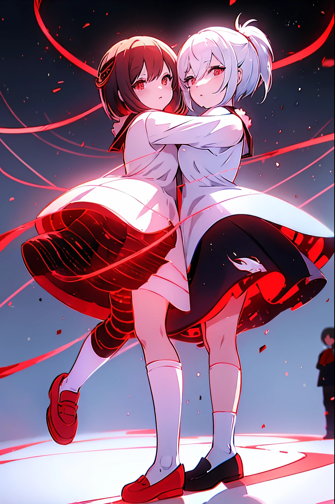 2 anime girls, hugging each other, twins, wearing a white shirt, wearing a red tie, wearing a short white skirt with black edges, black shoes and socks with red edges, red eyes with white pupils, high resolution, best quality, super detailed, 8k anime wallpapers