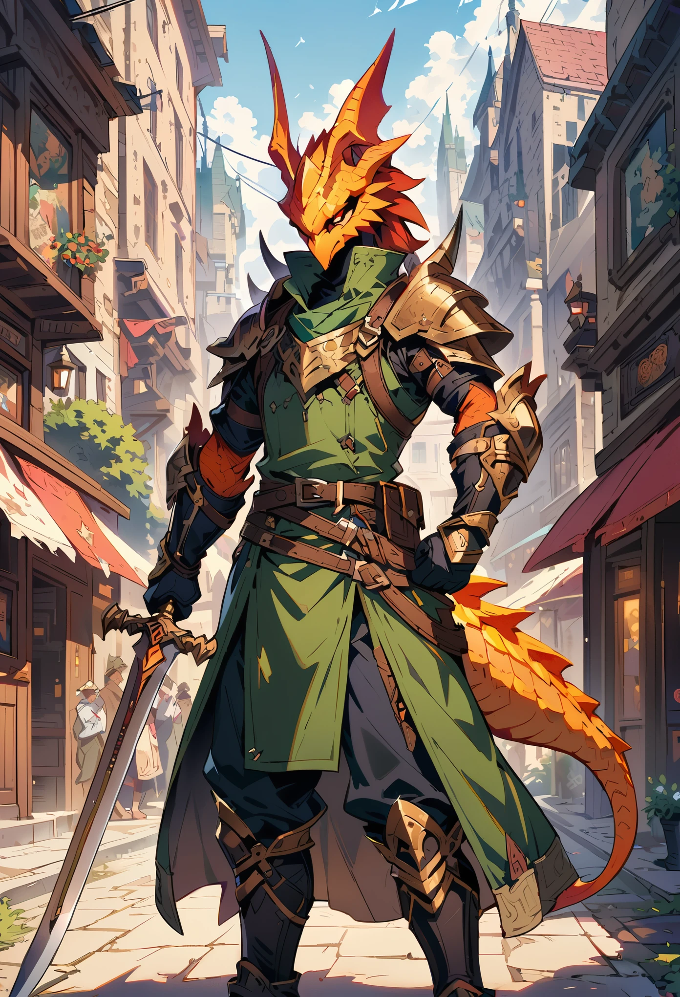 DnD character art, fantasy warrior with dragon head helmet and orange scales holding sword in hand standing on city street, green , black leather gloves, high details, in the style of fantasy.