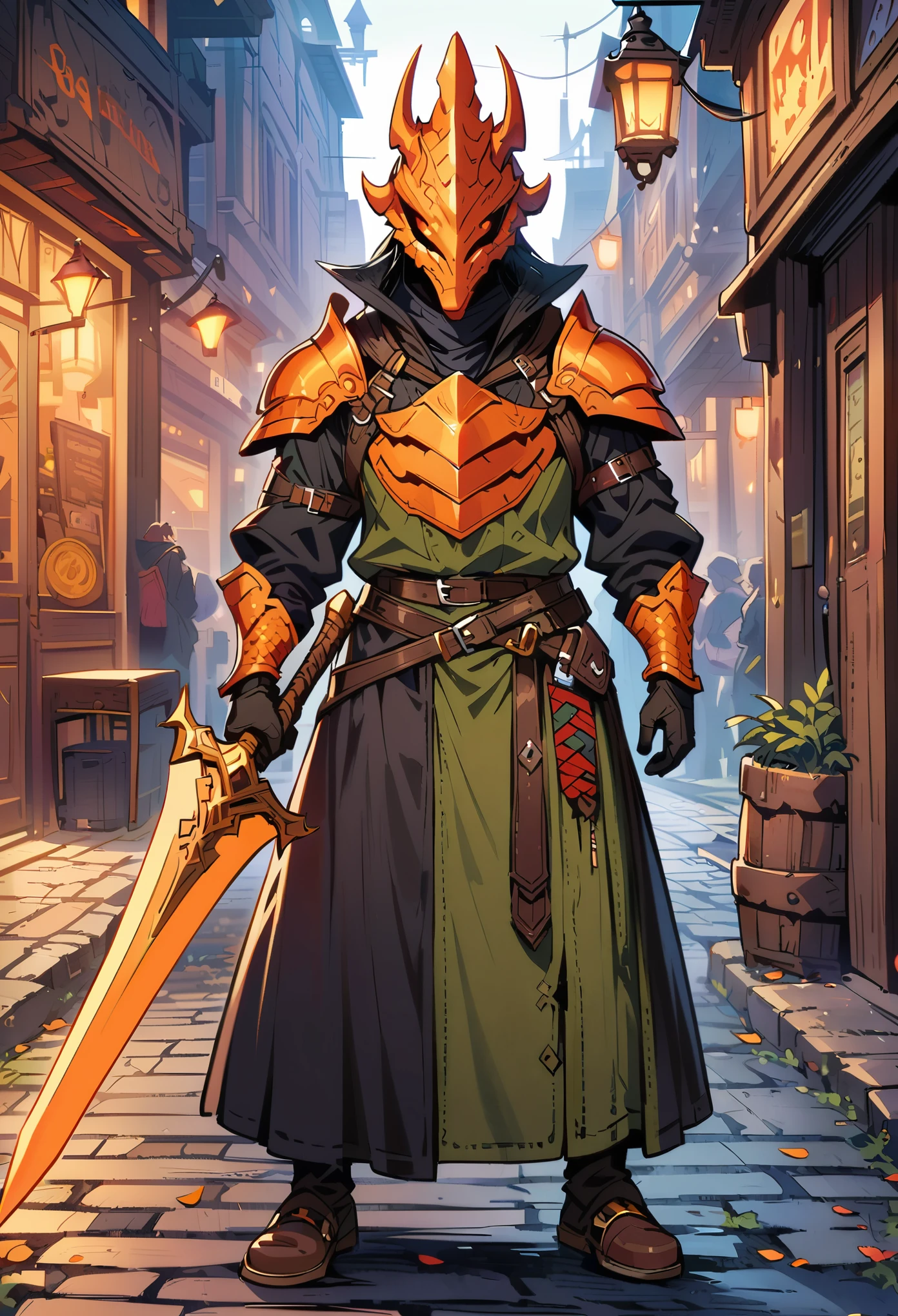 DnD character art, fantasy warrior with dragon head helmet and orange scales holding sword in hand standing on city street, green , black leather gloves, high details, in the style of fantasy.
