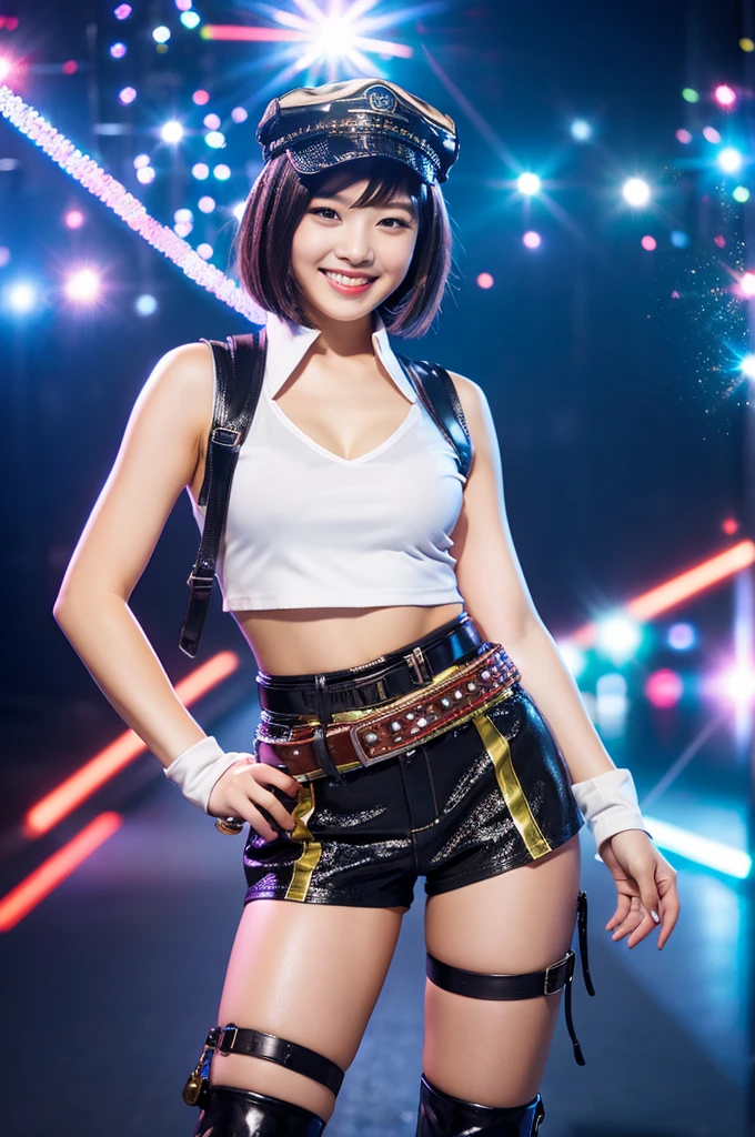 high quality,high resolution,1woman,beautiful face,seductive smile,short hair,,looking at viewer,open mouth,battle costume,short shorts,kneehighs,leather,belt,cap,cyberpunk city,road,street,sparkle background,
