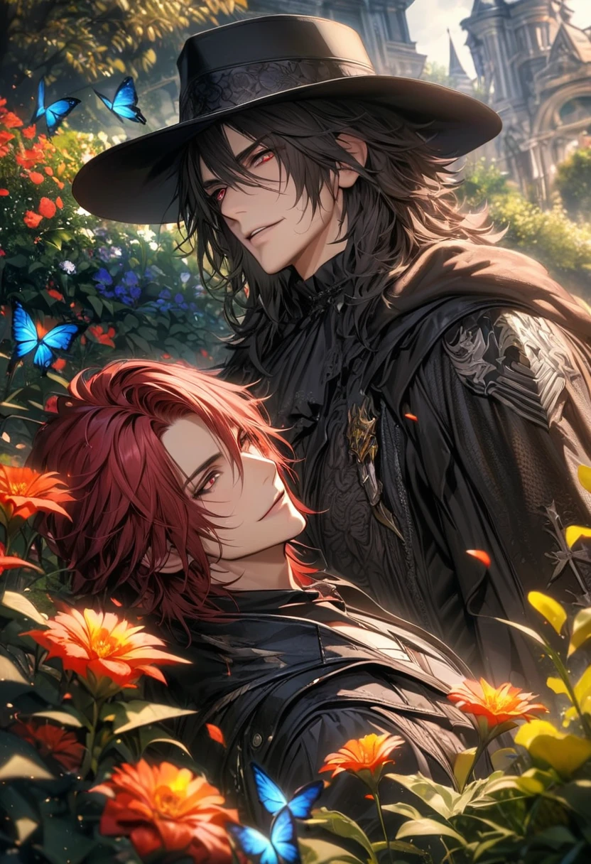 absurdres, highres, ultra detailed, HDR), masterpiece, best quality, vibrant golden eyes, Ardyn Izunia, red hair, black hat, Final fantasy xv, Requiem, black short messy hair, no bangs, vibrant red eyes, 2men together, gay, handsome, garden, flowers, butterflies