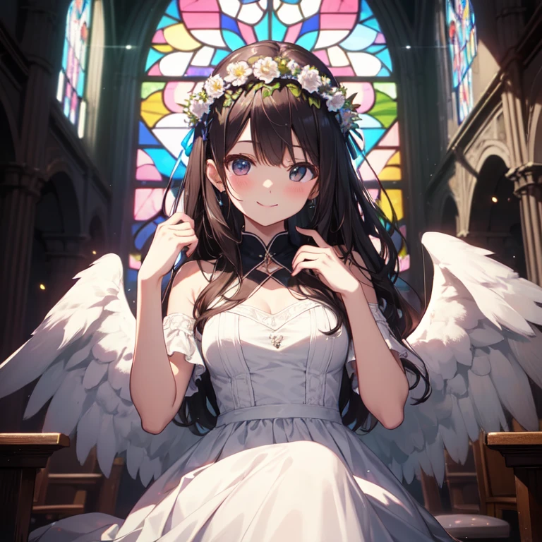 masterpiece、highest quality、8K、cute、Angel、smile、white dress、church、Stained glass、flower crown、shining brightly