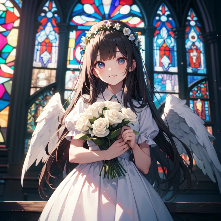 masterpiece、highest quality、8K、cute、Angel、smile、white dress、church、Stained glass、flower crown、shining brightly