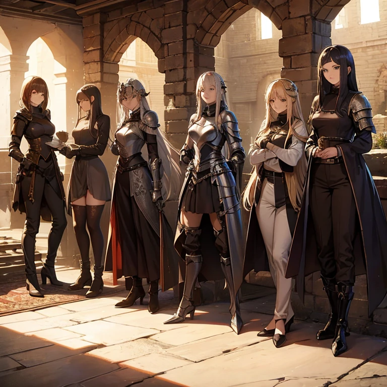 A group of  female knights, (in dungeon), various hair styles, metal armor, harem, trousers, seducing