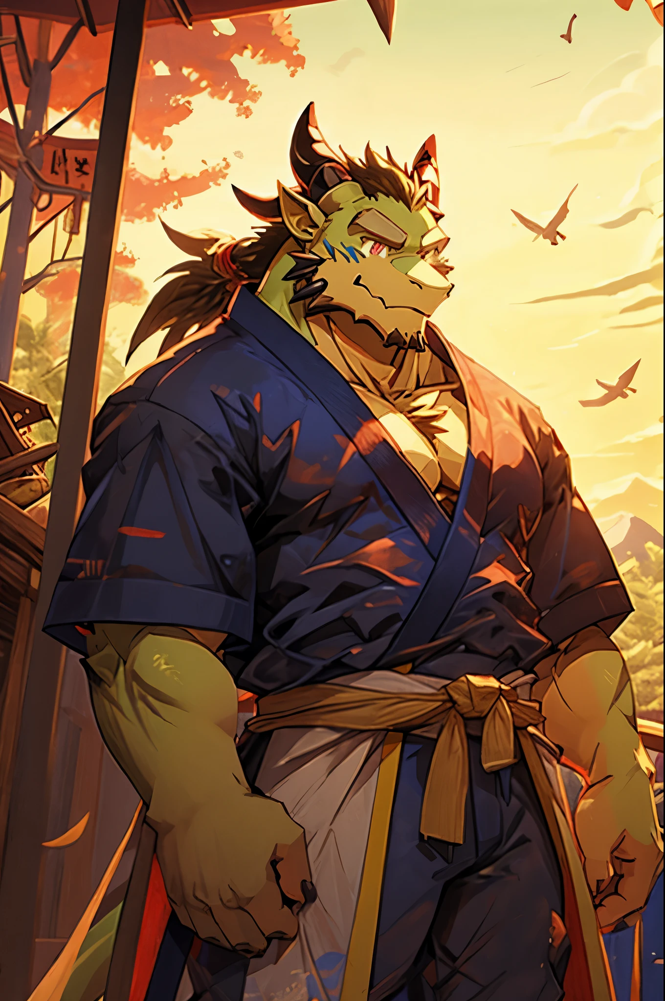 (best quality:1.2), 1 older boy, furry, standing alone with a balanced figure, facing the camera directly, dragon humanoid, smiling, kind expression, hands with 5 fingers, emerald green skin, traditional Japanese kimono, all ages, forest background, distant volcano and beach, panoramic view, wide-angle