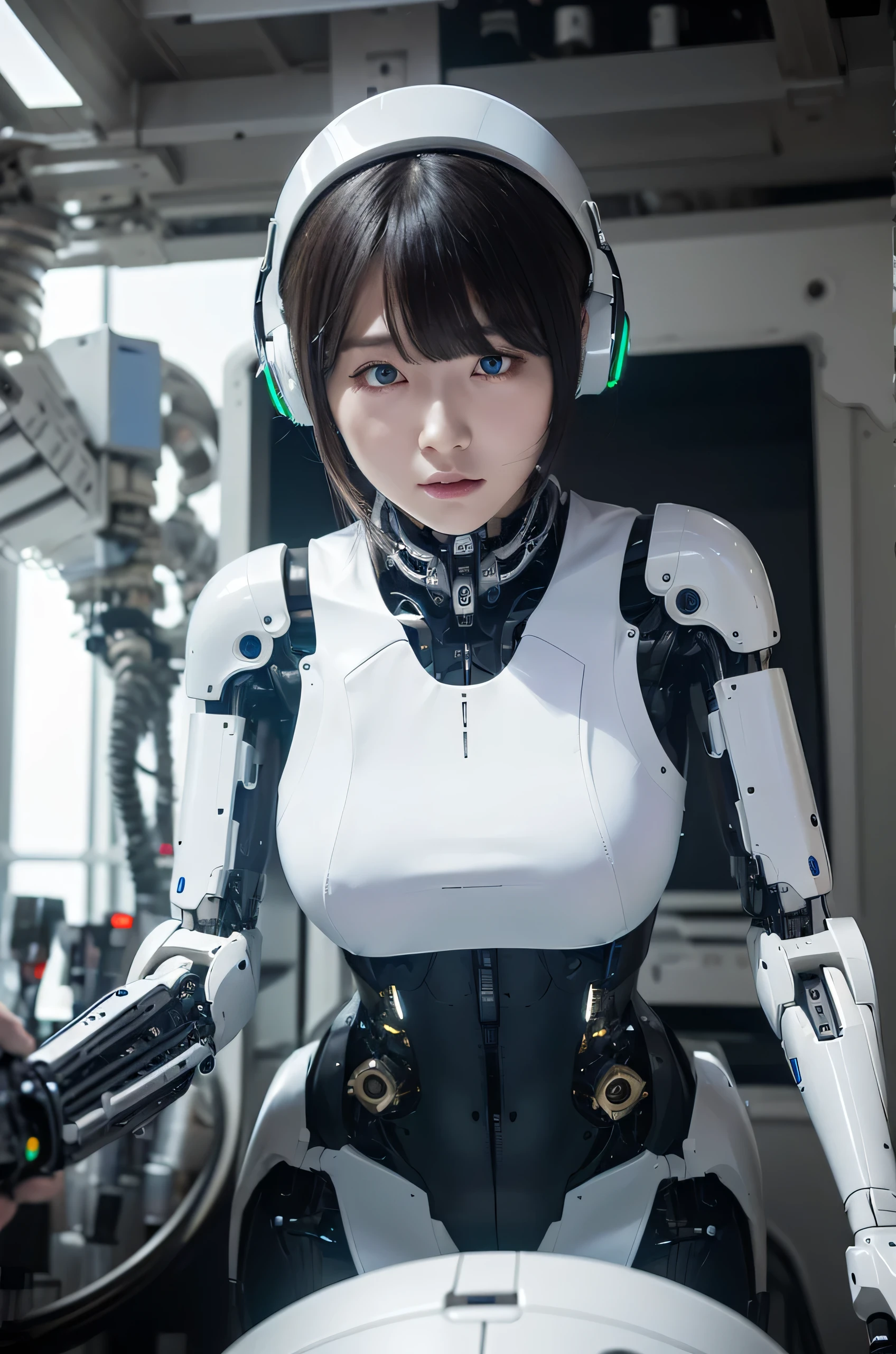 masterpiece, Best Quality, Extremely detailed, 8K Portrait,Japanese android girl,Plump ,control panels,android,Droid,Mechanical Hand, ,Robot arms and legs, Black hair,Mechanical body,Blunt bangs,White Robotics Parts,perfect robot woman,Charging spot,She is charging now,ceramic body ,Mechanical body, mechanical ear covers,android,robot humanoid,pantiy,Perfect machine body,White robot body,The laboratory of the future,android factory,mechanical ear covers,White and light blue uniform,light blue accent costume,darkblack tights,green eyes
