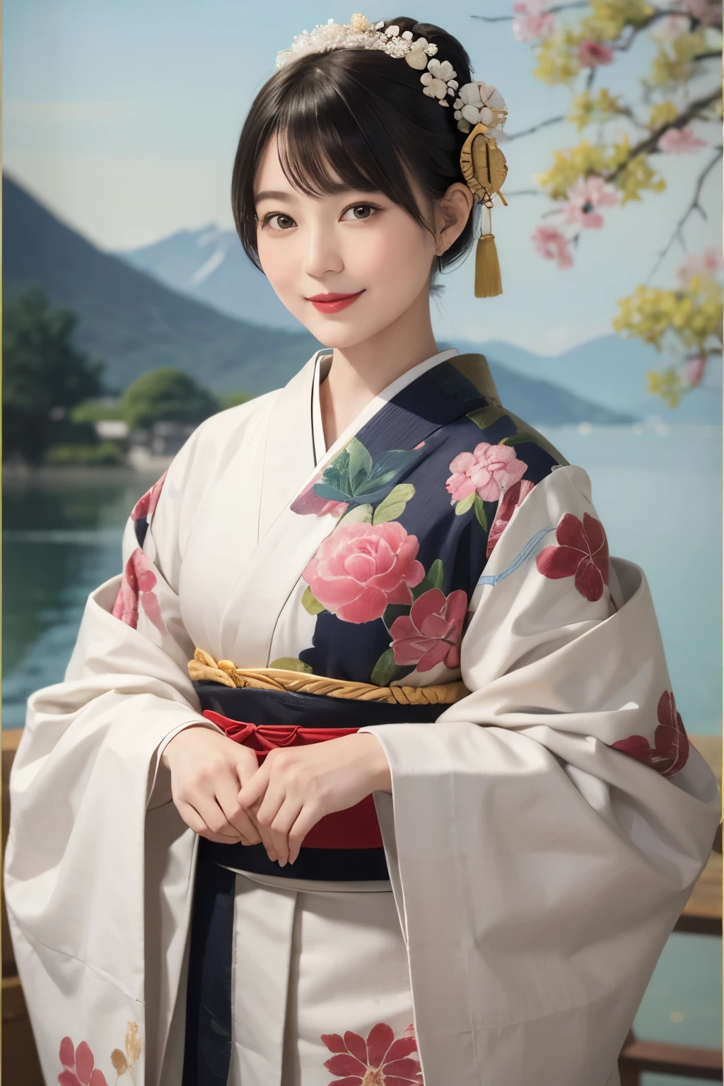 197 (snapdd00-Fp16), Japanese painting, woman, gentle smile, lipstick, short hair, Paintings by Shoen Uemura