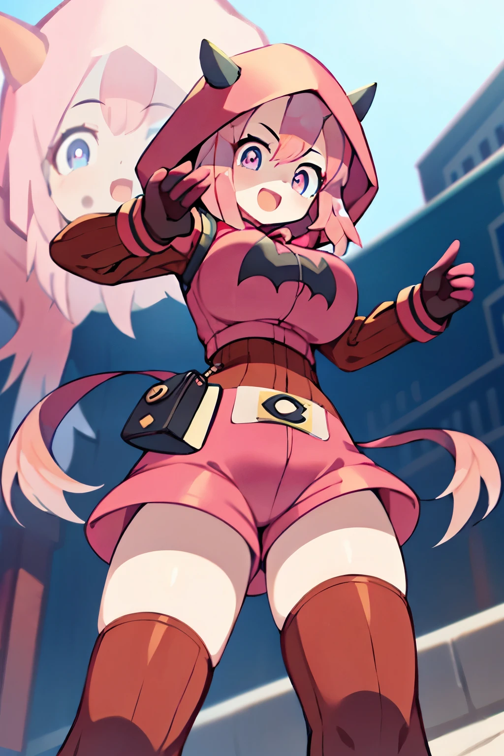 (1girl in:1.2), (Solo:1.2) 、nffsw、Shaders、Brilliant Textured Work、Ultra-detailed eyes、ultra-intricate pupil in eyes、top-quality、Full body standing picture、pkmntmg 、(fake horns, hoodie, red shorts, gloves, red boots) 、long hair, (pink hair:1.5), sadistic smile、 from below, open mouth, huge breasts, put your hands up,