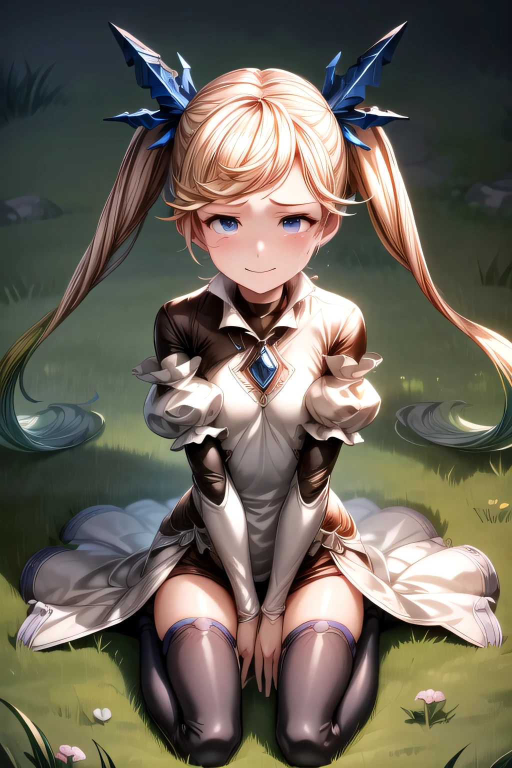 ioeuclase, hair ornament, white dress, black thighhighs, detached sleeves, sitting wariza,grass,sky,smile, Scared, Crying, Worried, Defeated,