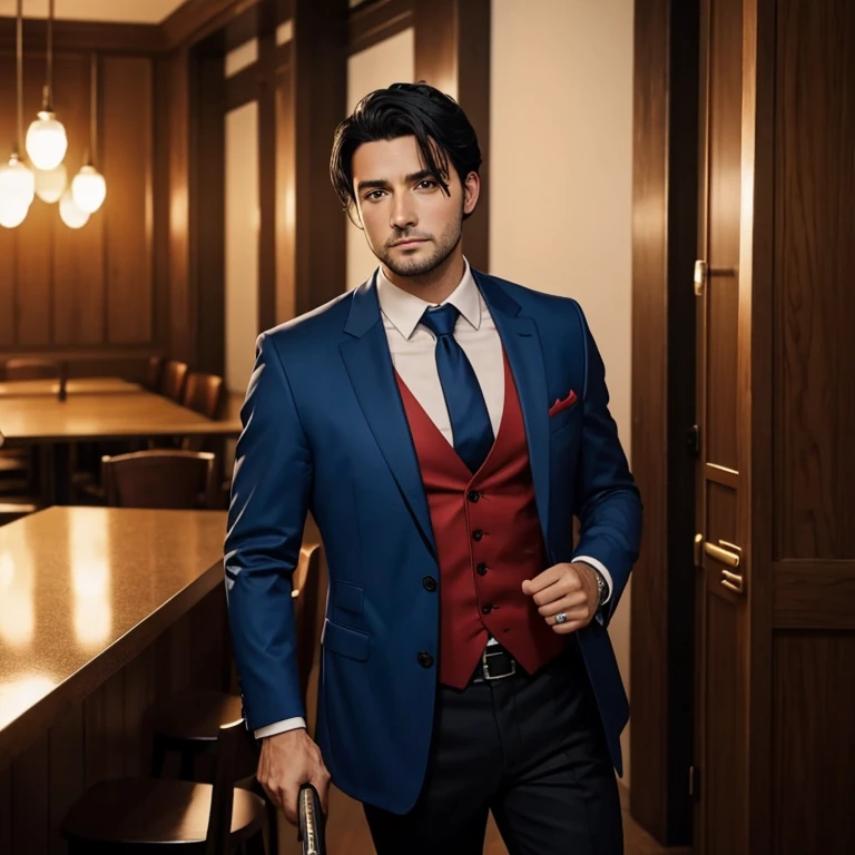 30-year-old man with blue jacket, red shirt, blue tie, black pants, black hair, hairstyle, black pants, blue eyes, holding a cane with one hand, looking straight at the viewer, elegant restaurant background 