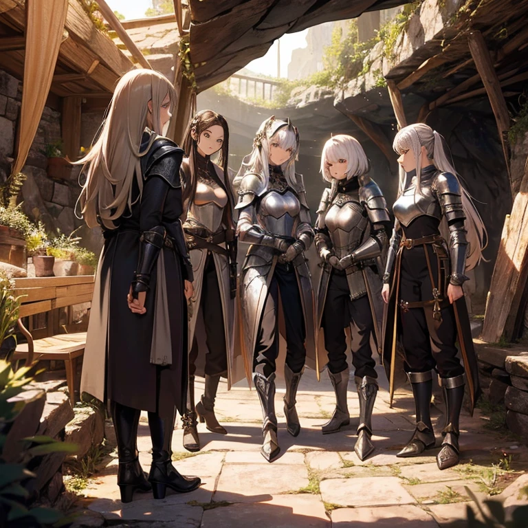 A group of female knights, (in cave), various hair styles, metal armor, harem, trousers, seducing
