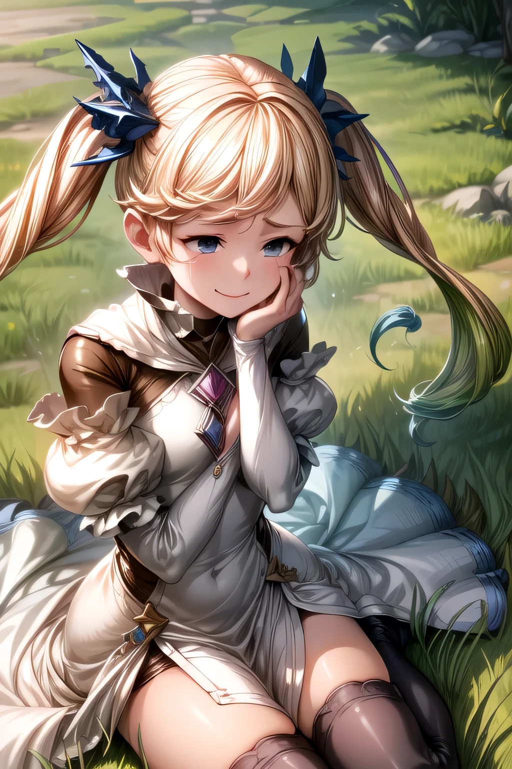 ioeuclase, hair ornament, white dress, black thighhighs, detached sleeves, sitting wariza,grass,sky,smile, Scared, Crying, Worried, Defeated,