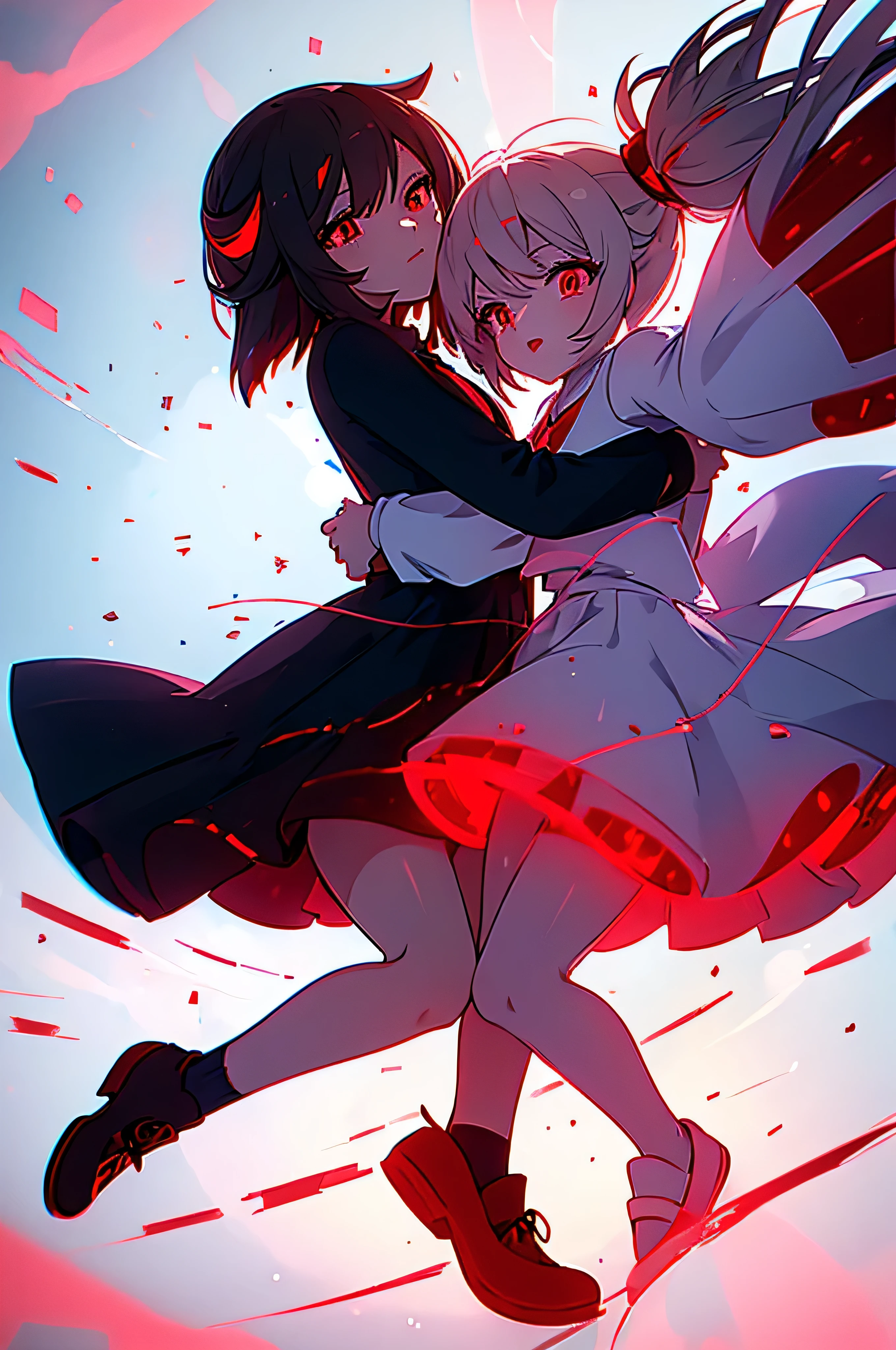 2 anime girls, hugging each other, twins, wearing a white shirt, wearing a red tie, wearing a short white skirt with black edges, black shoes and socks with red edges, red eyes with white pupils, high resolution, best quality, super detailed, 8k anime wallpapers