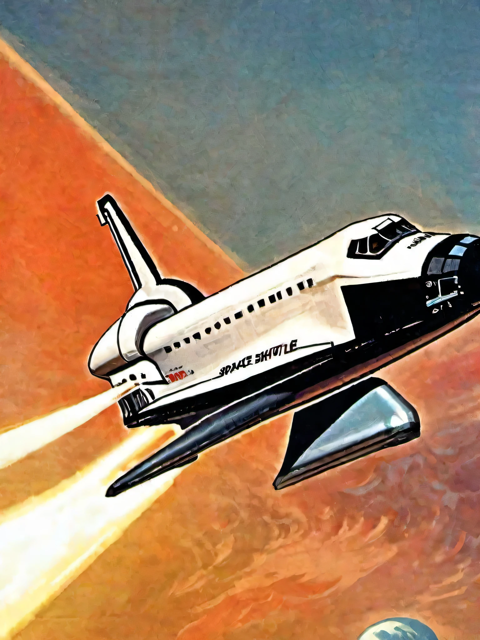 a close up of a space shuttle flying through the air, vintage sci - fi art, painting of ornate space ship, retro sci - fi art, vintage scifi, vintage scifi poster, retro 1 9 6 0 s sci - fi art, vintage sci - fi, vintage sci fi, vintage sci - fi poster, retro sci-fi spaceship, an epic space ship scene