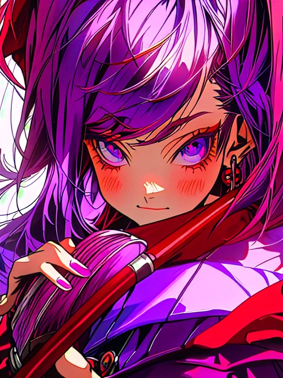 purple haired girl with purple hair and red eyes holding a purple brush, red and purple coloring, some red and purple, realistic anime artstyle, red mage cape and purple hair, vivid purple eyes,