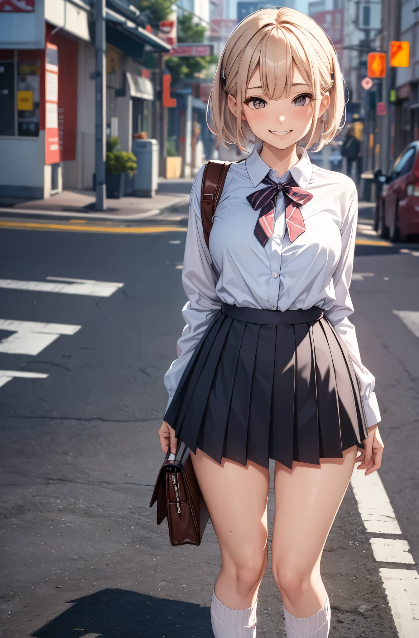 one girl,18 years old girl,gyaru,slender body,short blonde hair,grin,high ,blouse,ribbon,skirt,loose socks,loafers