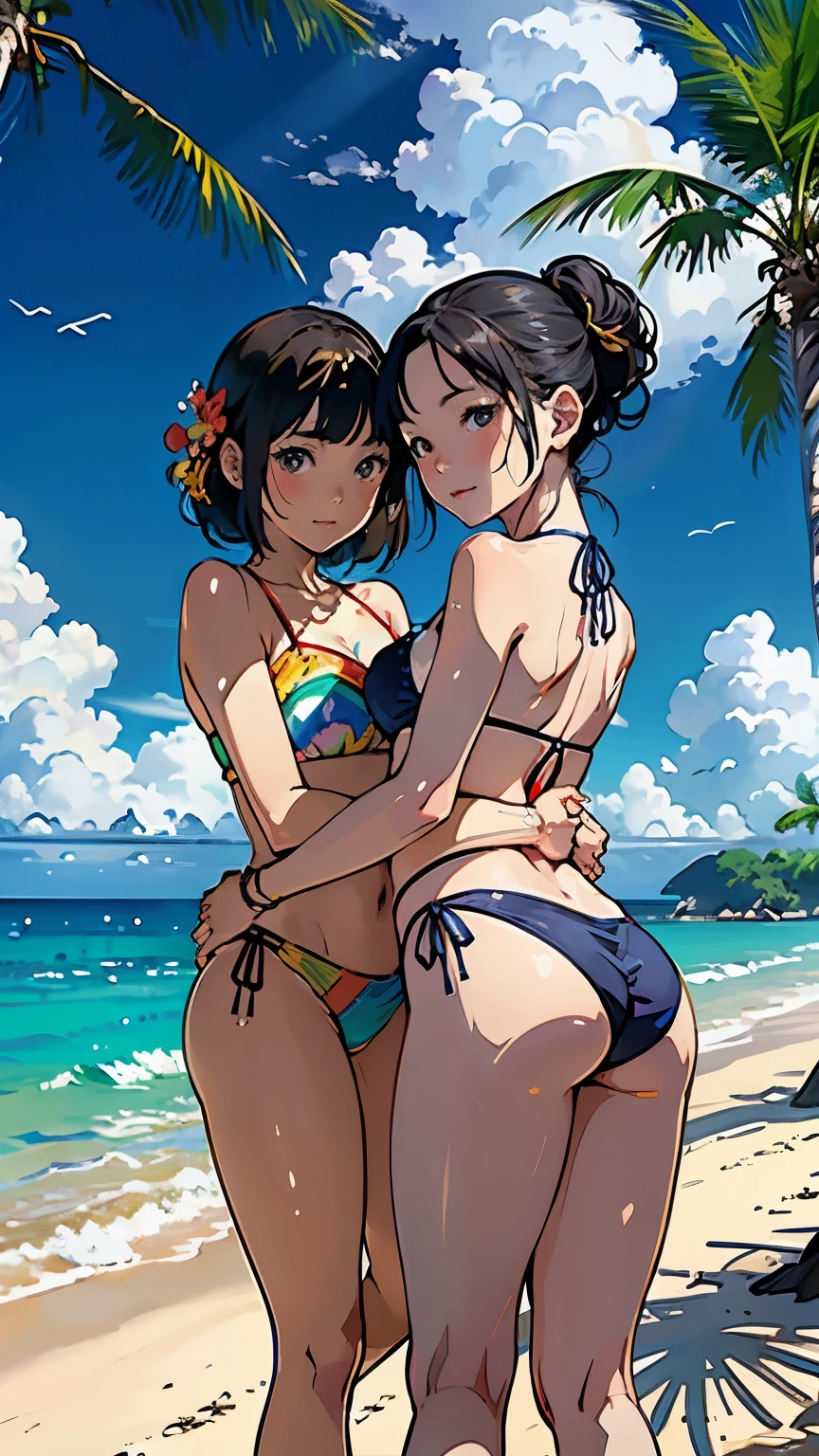 ((highest quality, masterpiece, High resolution))、((anime art))、 ((reality))、beautiful japanese woman、((two women))、18-year-old、(They are friends)、((Hug your partner from behind))、(Detailed depiction of a beautiful face)、smile gently、small breasts、slim body shape、medium short hair、semi-long、bun hair、Wet see-through bikini、Wrap your waist in fabric with bold ethnic patterns and plenty of primary colors.、realistic skin、Wet、full body、No zoom、No close-ups、(Beautiful tropical beach landscape photography)、cinematic light、tropical、(flowers on the beach)、Against the background of palm trees、on a sunny beach、With the sea in the background、squall、rainbow、blur background、
