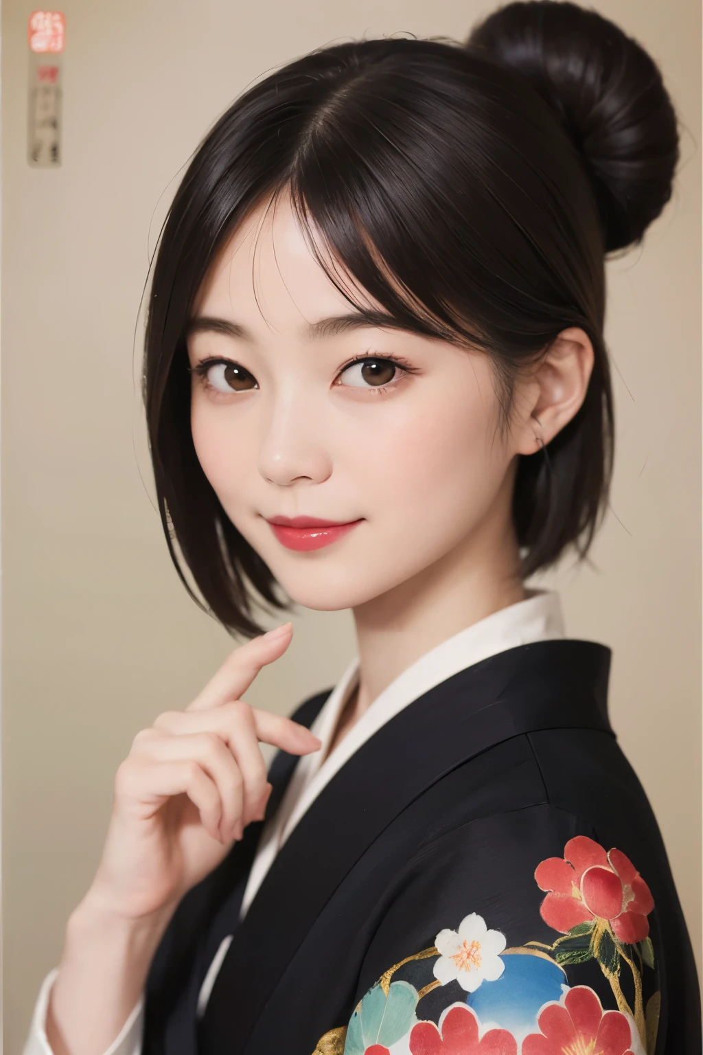 197 (snapdd00-Fp16), Japanese painting, woman, gentle smile, lipstick, short hair, Paintings by Shoen Uemura