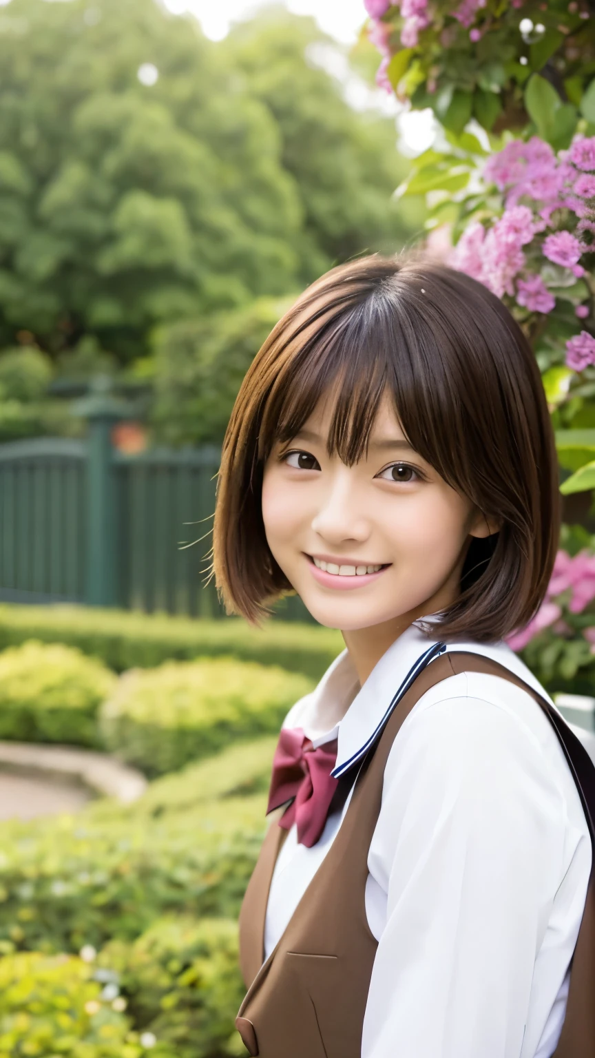 20th generation、japanese woman、cute、uniform、garden、shortcut、brown hair