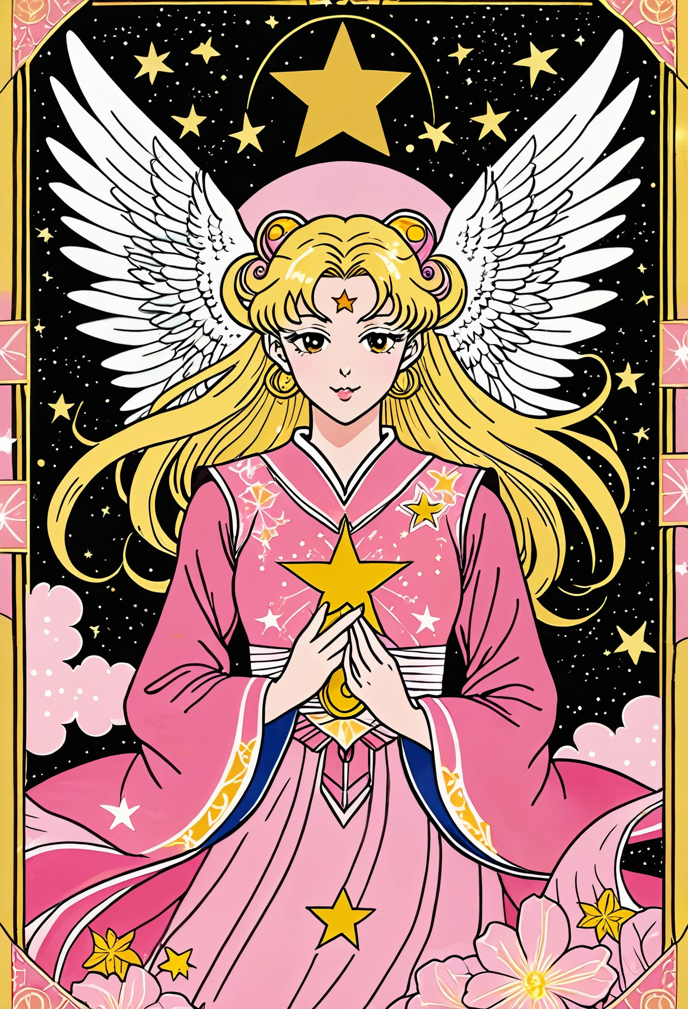 A pink tarot card with the text "THE WINDYJimousek" written in white ink at top, features an illustration of Sakura from Sailor Moon as The Charicolored Star. She is wrapped around by her hair and wings. Her eyes have yellow stars inside them. In front there's another star. On bottom it says 'Sakura