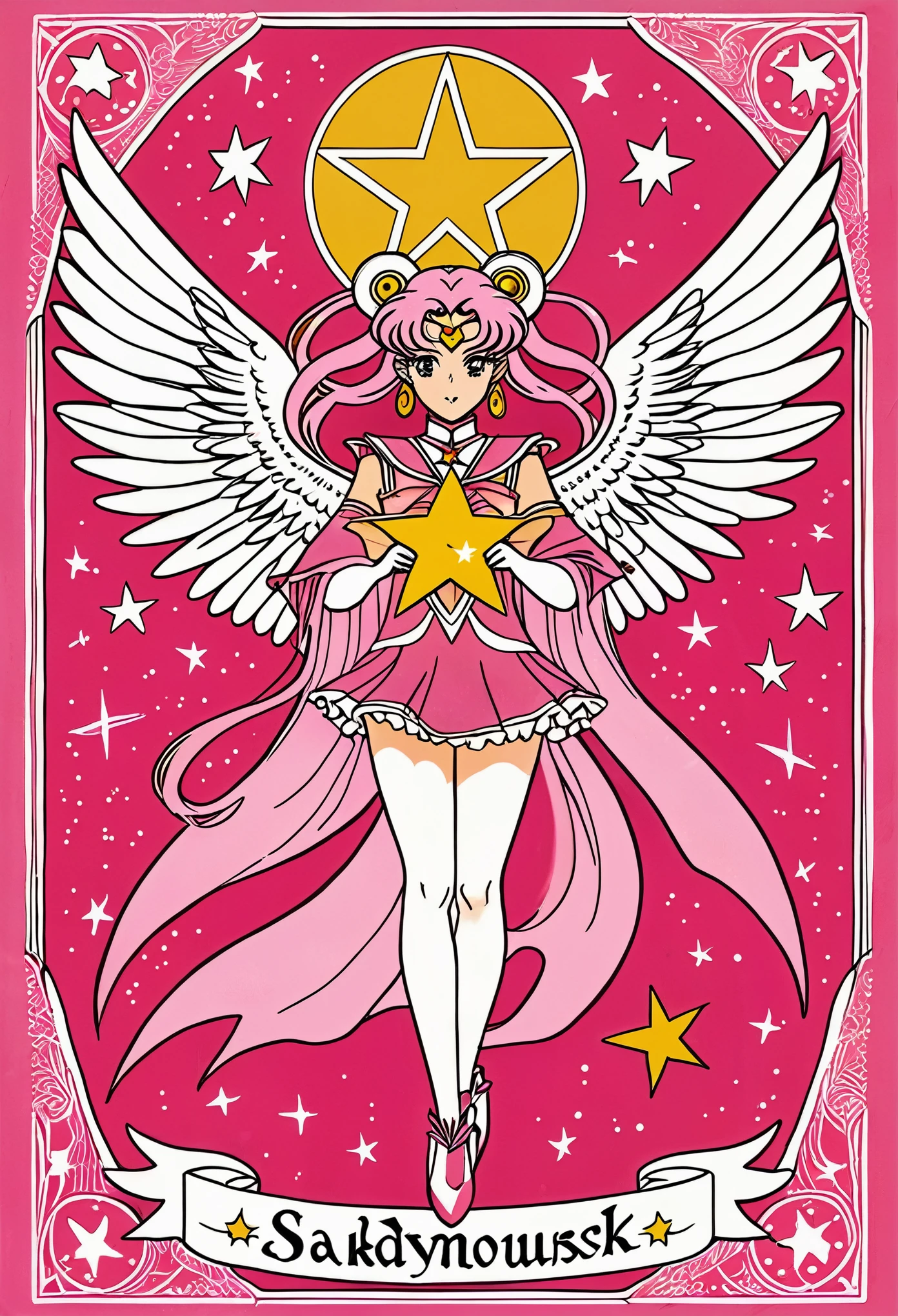 A pink tarot card with the text "THE WINDYJimousek" written in white ink at top, features an illustration of Sakura from Sailor Moon as The Charicolored Star. She is wrapped around by her hair and wings. Her eyes have yellow stars inside them. In front there's another star. On bottom it says 'Sakura