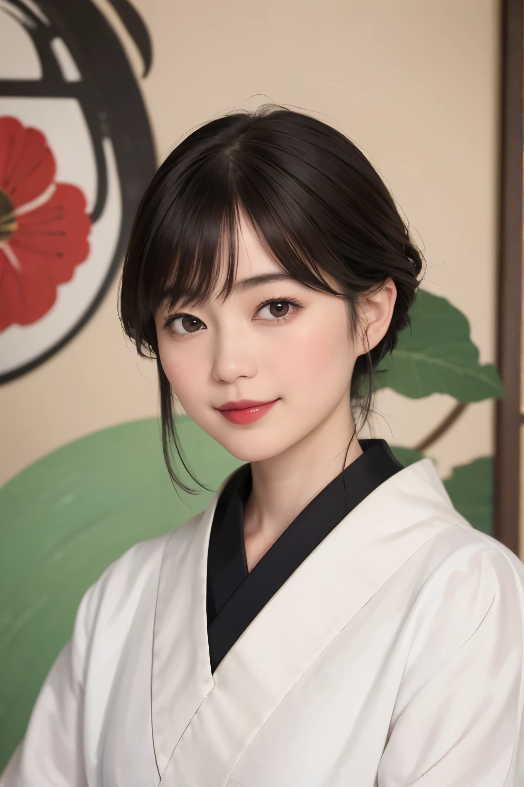 197 (snapdd00-Fp16), Japanese painting, woman, gentle smile, lipstick, short hair, Paintings by Shoen Uemura