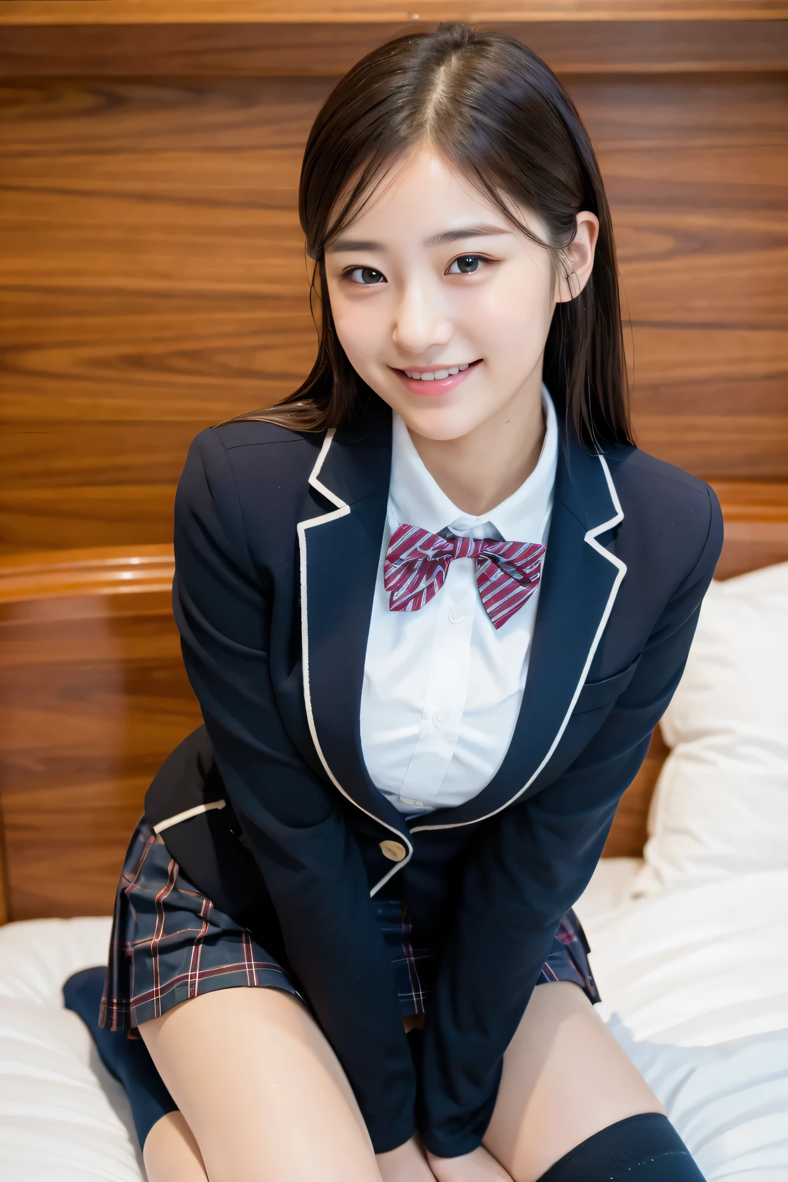 (8K), (highest quality: 1.2), (realistic), (realistic: 1.37), ultra high resolution, 1 girl, cute, smile, closed mouth, beautiful details, beautiful nose, wet hair, giant dulcefo, pork, thighs,Self snap,University Student Uniform,simple blazer,pleated skirt,Are standing,opaque tights,(8K), (highest quality: 1.2), (realistic), (realistic: 1.37), ultra high resolution, 1 girl, cute, smile, closed mouth, beautiful details, beautiful nose, wet hair, giant dulcefo, pork, thighs,Self snap,University Student Uniform,simple blazer,pleated skirt,opaque tights,bed,spread your legs ,skirt lift, From above