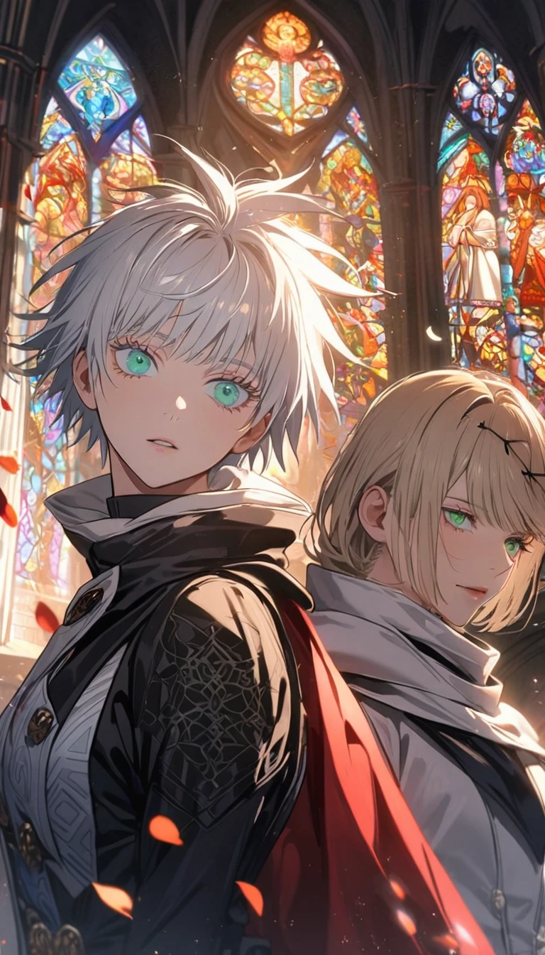 4k, very detailed, hd, Gojou Satoru, white hair with bangs, blue eyes, white eyelashes, handsome, Aida, ash blonde hair with bangs, green eyes, white fantasy outfit with black patterns, red cape, Jujutsu Kaisen, church, stained glass, petals, sunlight, black ribbon on her hair, 1 woman with a man as a couple,