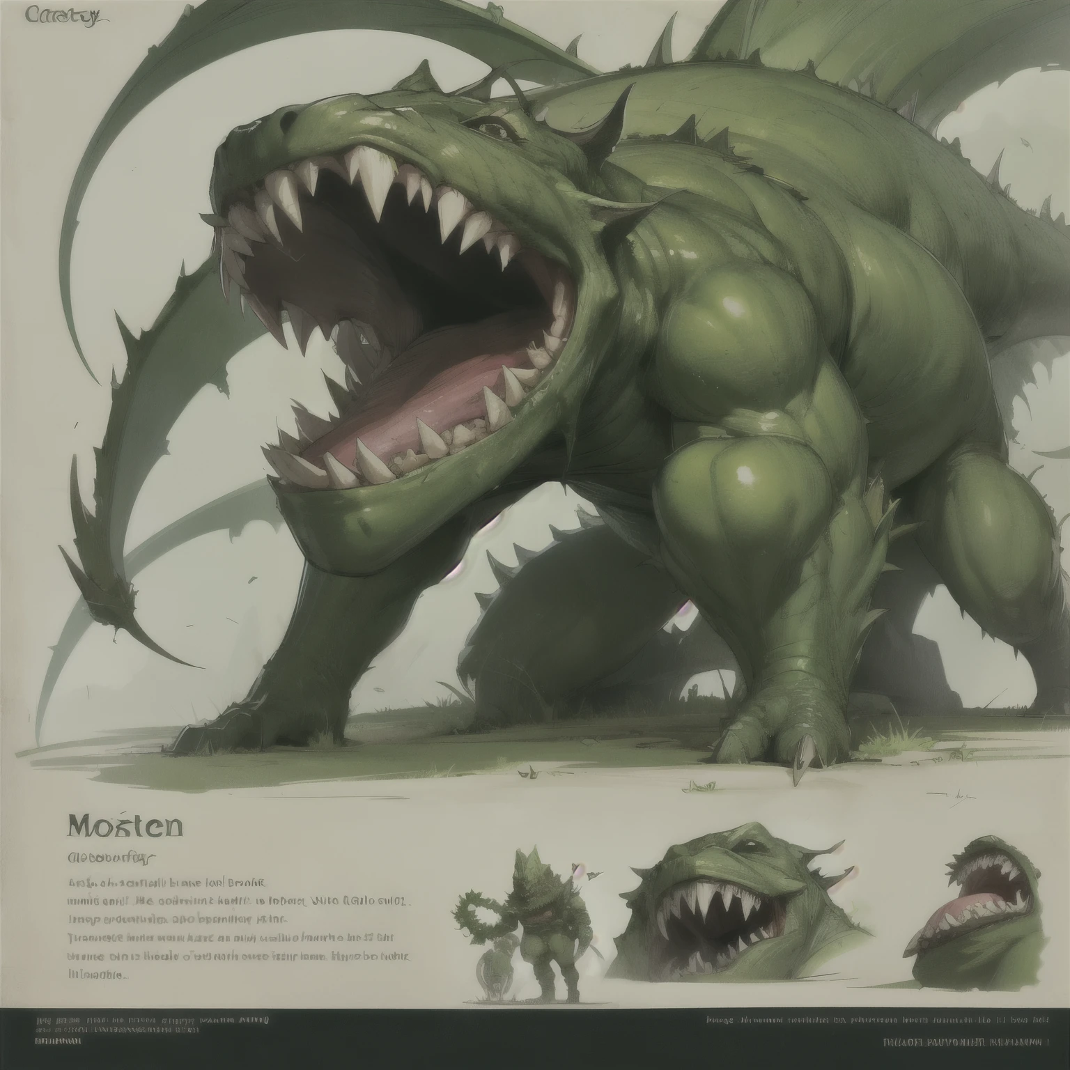 carnivorous plant, green monster, huge mouth, sharp fangs bared, plant, D&D monster, monster book, sketch, video game bestiary, information about the monster, status