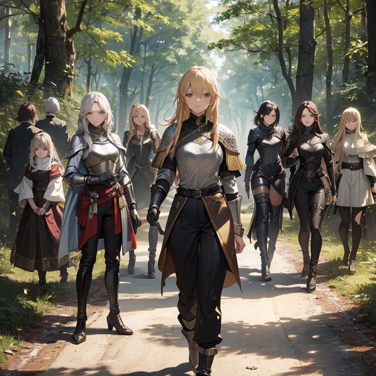 A group of  female knights, (in forest), various hair styles, metal armor, harem, trousers, seducing, beautiful face 