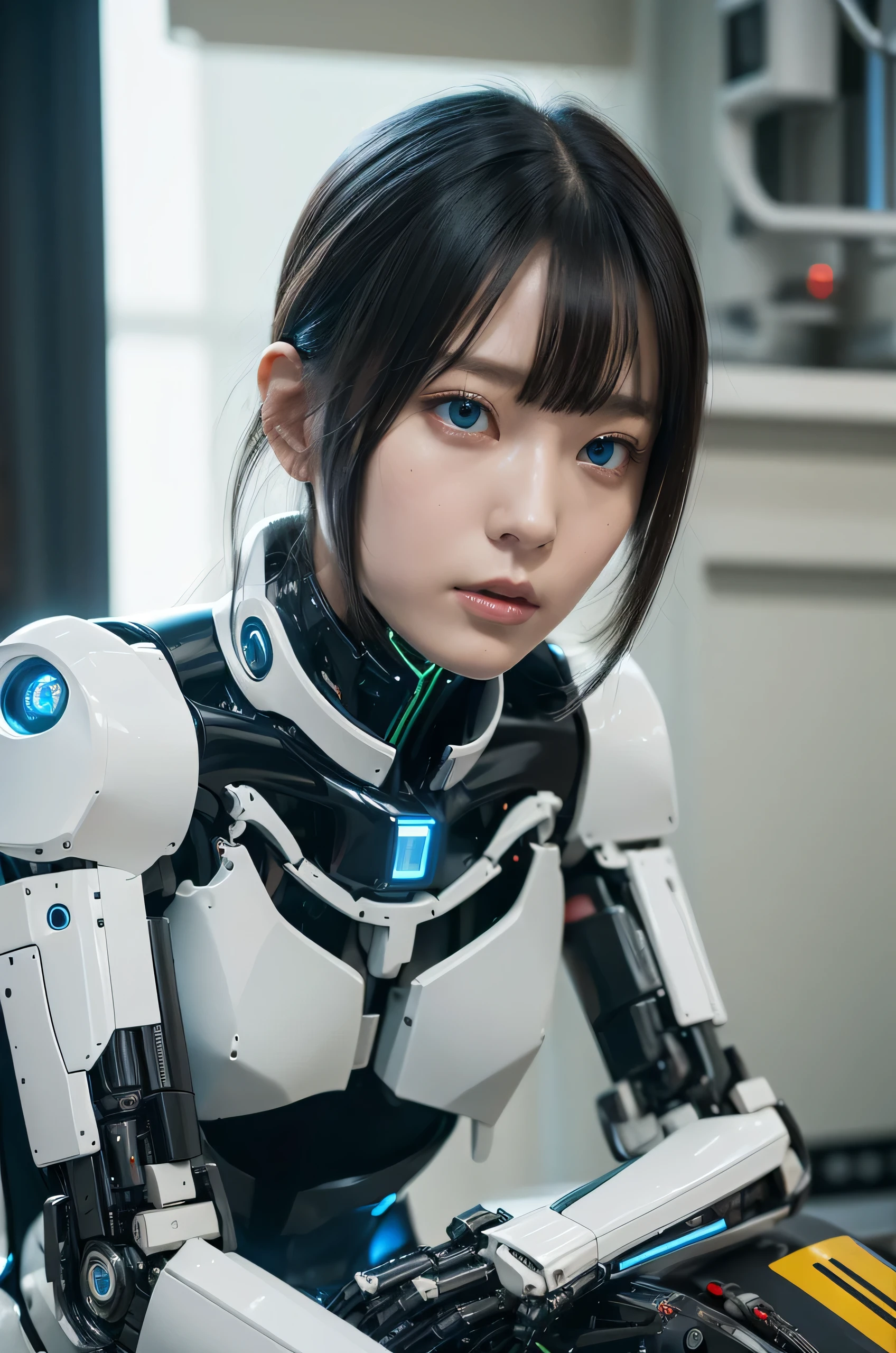 masterpiece, Best Quality, Extremely detailed, 8K Portrait,Japanese android girl,Plump ,control panels,android,Droid,Mechanical Hand, ,Robot arms and legs, Black hair,Mechanical body,Blunt bangs,White Robotics Parts,perfect robot woman,Charging spot,She is charging now,ceramic body ,Mechanical body, mechanical ear covers,android,robot humanoid,pantiy,Perfect machine body,White robot body,The laboratory of the future,android factory,mechanical ear covers,White and light blue uniform,light blue accent costume,darkblack tights,green eyes