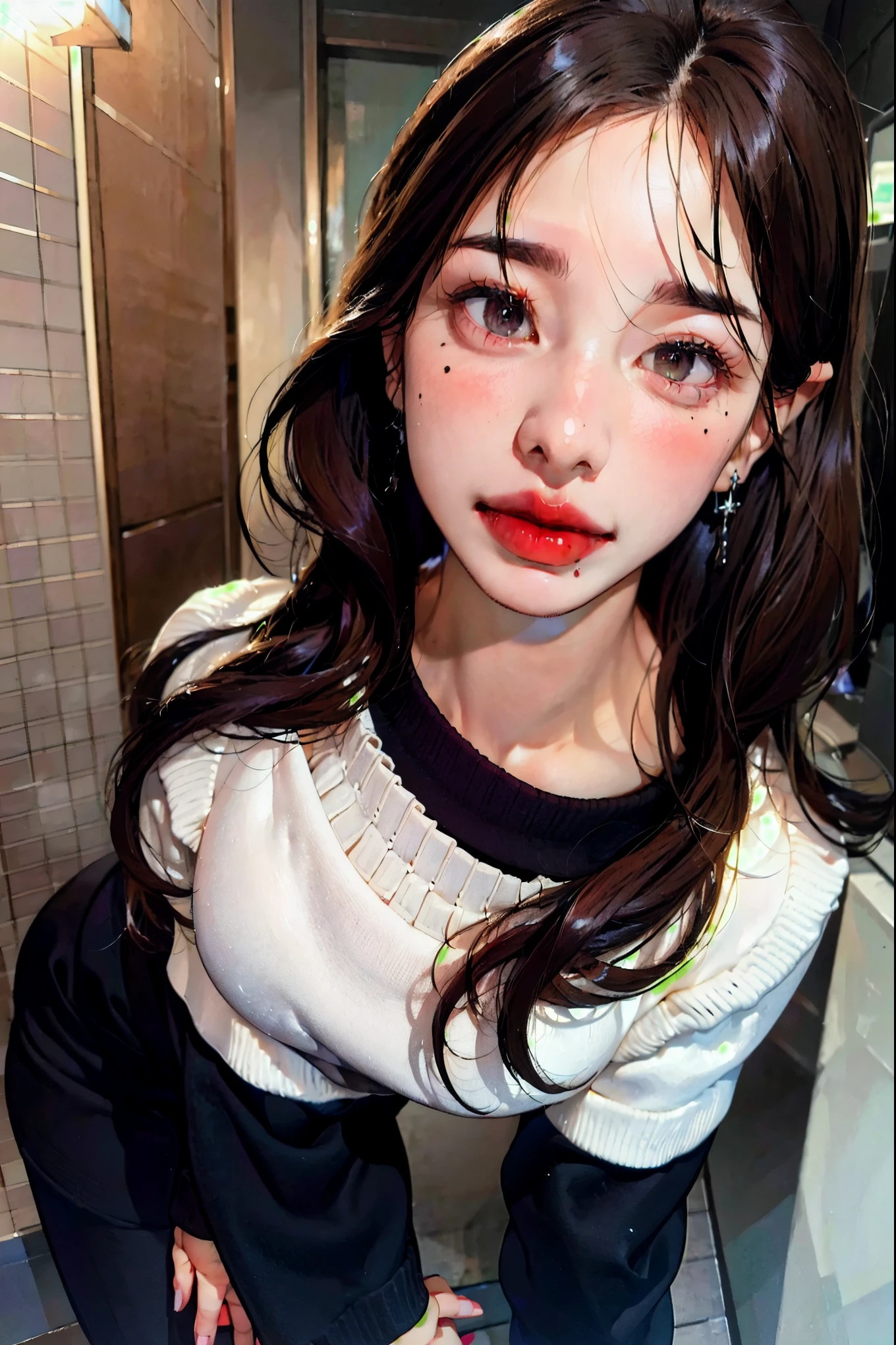 (incredibly absurdres, ultra-detailed, CG ,unity,8k wallpaper),(masterpiece),(realistic),(photorealistic:1.2),(raw photo:1.2), (best quality:1.2), (detailed face:1.4),(beautiful detailed eyes:1.2),(detailed hair), light on face, huge filesize,cinematic lighting, 1girl,sex,eyeliner,kawaii, student, long hair, brown hair, ((wavy hair)), hair ornament, ((light blush)), ((mole under eye)), (bushy eyebrows),straight eyebrows, low eyebrows, brown eyes, ((small breasts)),(thick lips:1.3),(glossy lips),(lipstick),fashi-g, red lips, makeup,shirt lift, ((black sweater top, leggings)),(erection under clothes:1.3), bulge, penis bulge, (big thick penis:1.3), ((ab lines)), black kneehighs, jewellery, earrings, necklace, ((((standing)))), ((in the bathroom, looking at viewer, seductive, from front)), Depth of field, fantasy, high contrast, ink strokes, explosions, over exposure, purple and red tone impression, abstract