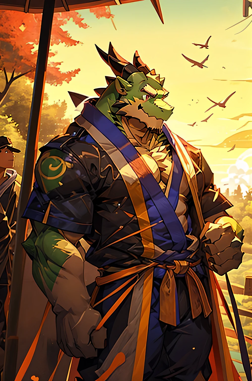 (best quality:1.2), 1 older boy, furry, standing alone with a balanced figure, facing the camera directly, dragon humanoid, smiling, kind expression, hands with 5 fingers, emerald green skin, traditional Japanese kimono, all ages, forest background, distant volcano and beach, panoramic view, wide-angle，The upper body is exposed