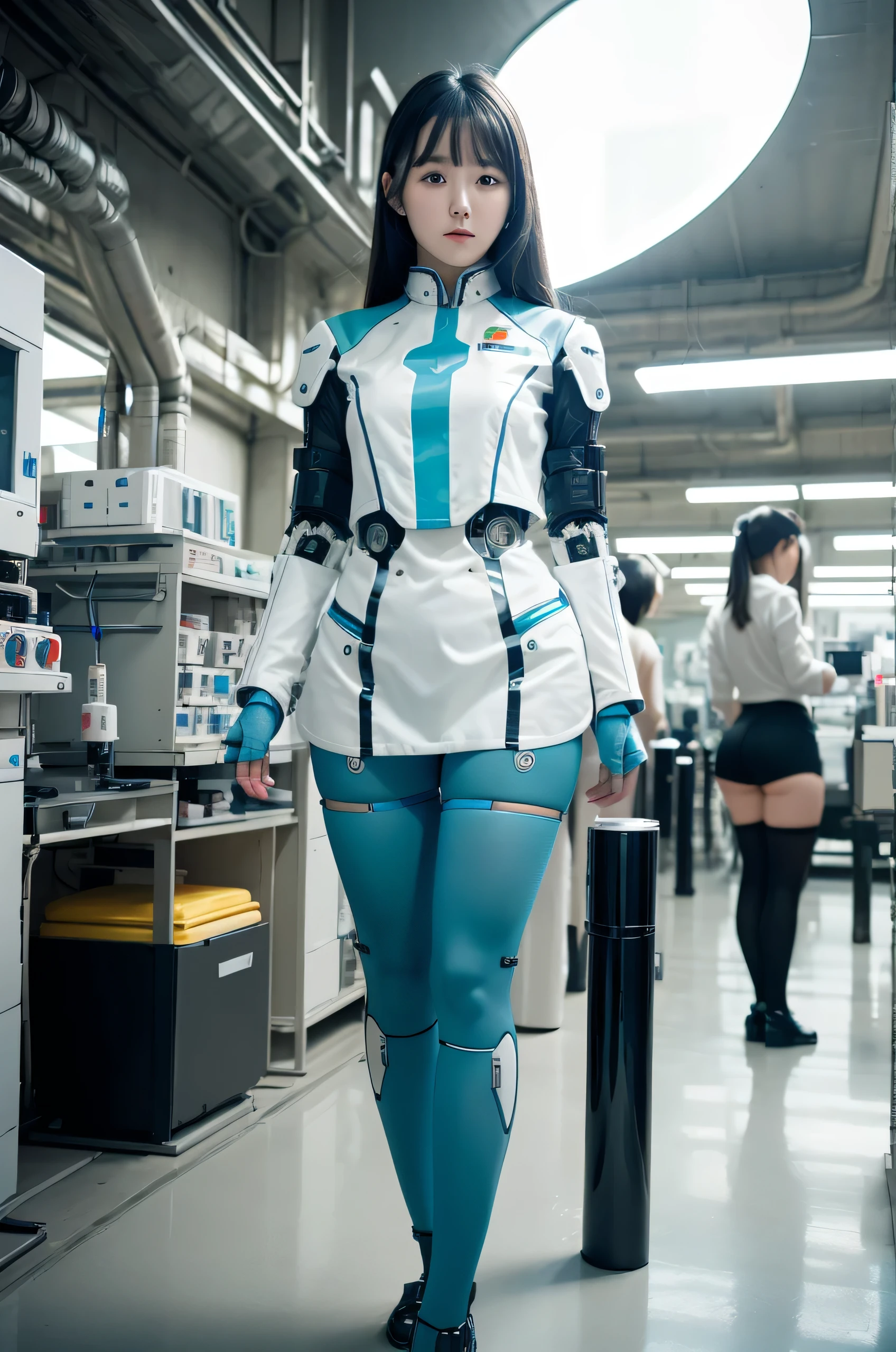 masterpiece, Best Quality, Extremely detailed, 8K Portrait,Japanese android girl,Plump ,control panels,android,Droid,Mechanical Hand, ,Robot arms and legs, Black hair,Mechanical body,Blunt bangs,White Robotics Parts,perfect robot woman,Charging spot,She is charging now,ceramic body ,Mechanical body, mechanical ear covers,android,robot humanoid,pantiy,Perfect machine body,White robot body,The laboratory of the future,android factory,mechanical ear covers,White and light blue uniform,light blue accent costume,darkblack tights,green eyes