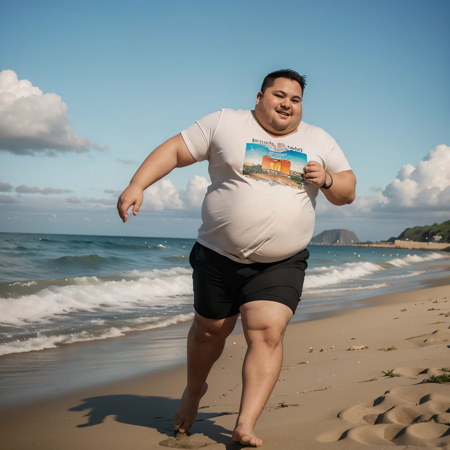 Create a drawing of a fat boy running towards the sea with a plate of food in his hand 