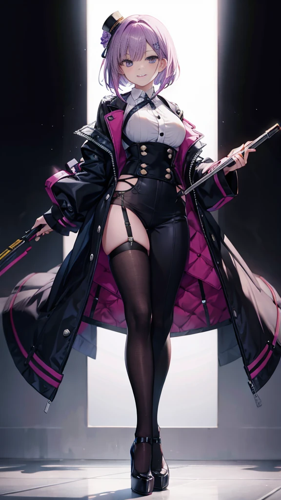 purple hair,girl,1 person,medium bob hair,Harness,garter belt,pants,Heel,pumps,simple background,smile,whole body,full body,standing position,Standing picture,VTuber,front,How to look at the viewer,視線をfrontに,